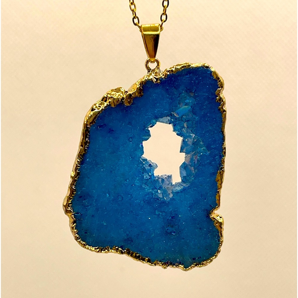 Natural Geode Stone & Crystal Quartz Good Morning Blue & God's Debut Necklace 5c